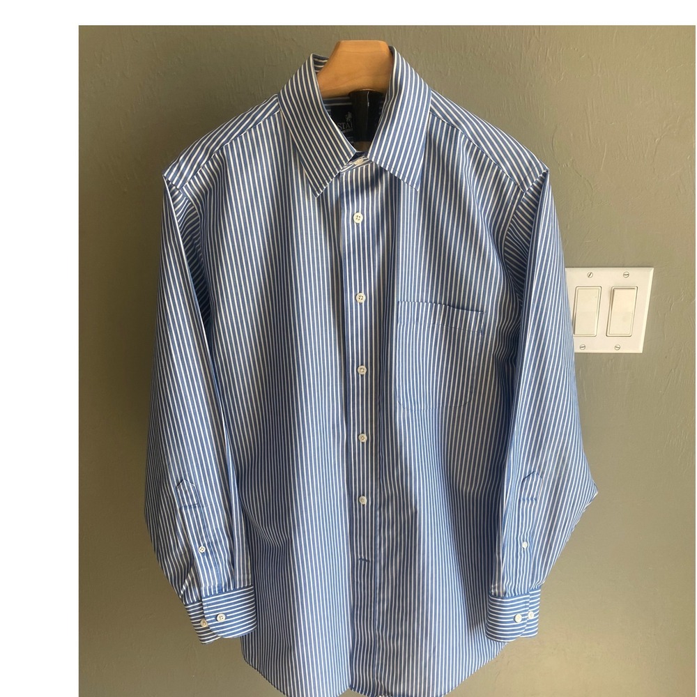 Stafford Mens Fitted Wrinkle Free Blue White‎ Striped Dress Shirt Size 15 32/33